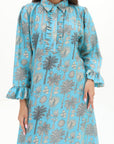 Ruffle sleeve detail on Tropical Palm Ruffle Linen Blend Jalabiya