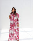 Pink Palm Tropical Palm Sketch Linen Blend Jalabiya full length view