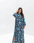 Turquoise Pearl Print Linen Blend Jalabiya for Women