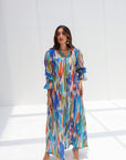 Vibrant Ikat Wave Linen Blend Jalabiya full length front view