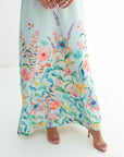 Watercolor Bloom Embellished Belted Linen Blend Dress watercolor floral print detail