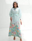 Watercolor Bloom Embellished Belted Linen Blend Dress full length view