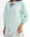Watercolor Bloom Embellished Belted Linen Blend Dress floral cuff detail