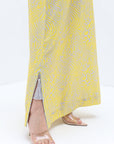 Yellow Abstract Linen Blend Jalabiya hem detail showing the side slit and flowing full-length silhouette.