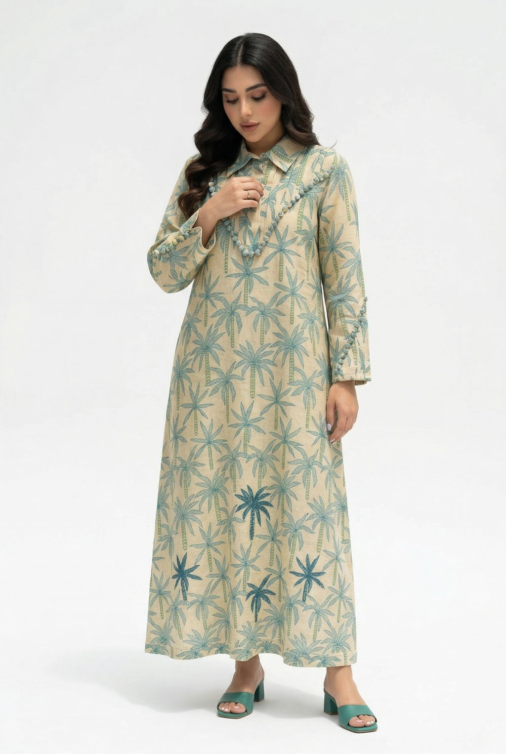 Dalal — L173 — Teal Palm Print Linen Jalabiya with Embroidery