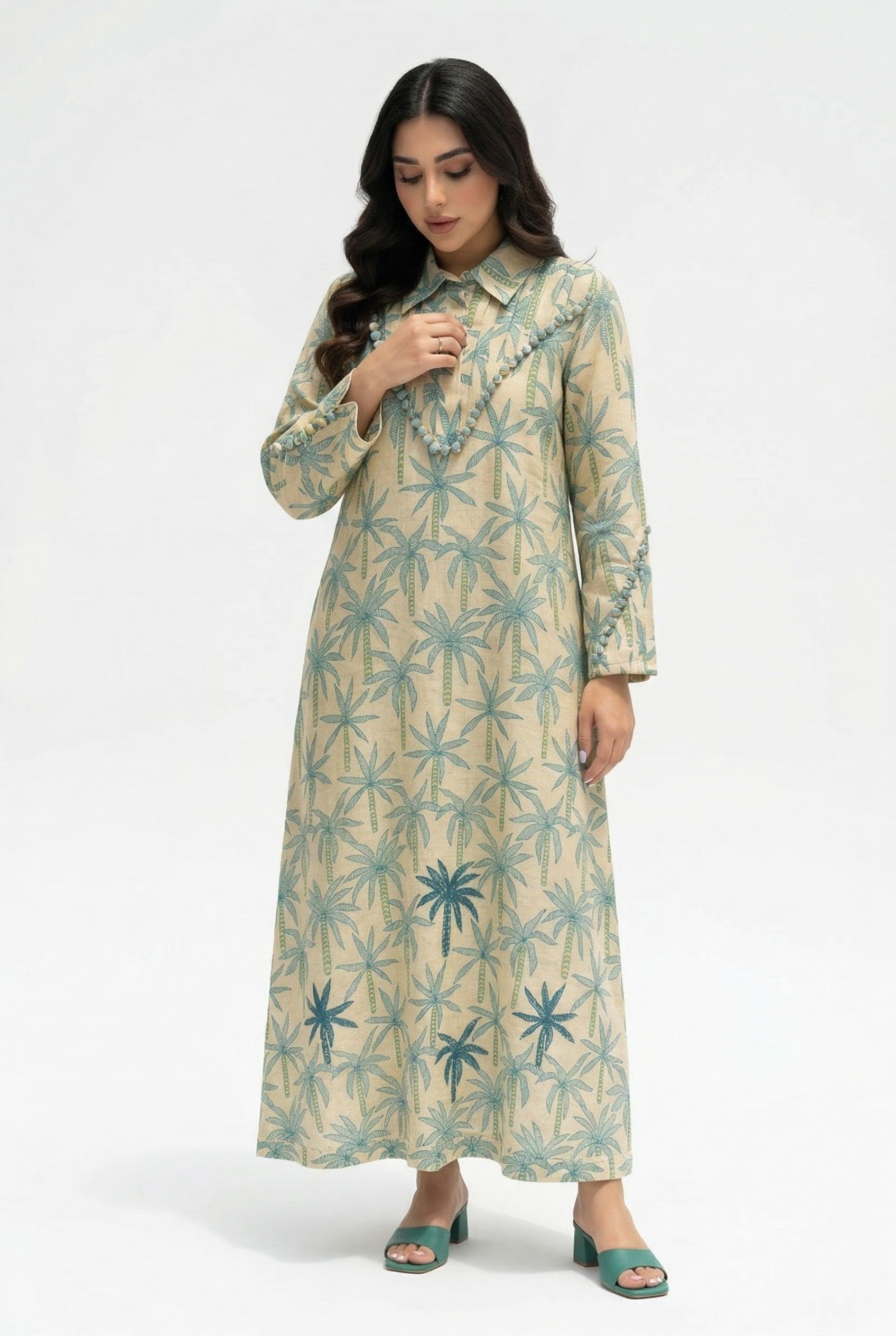 Dalal — L173 — Teal Palm Print Linen Jalabiya with Embroidery