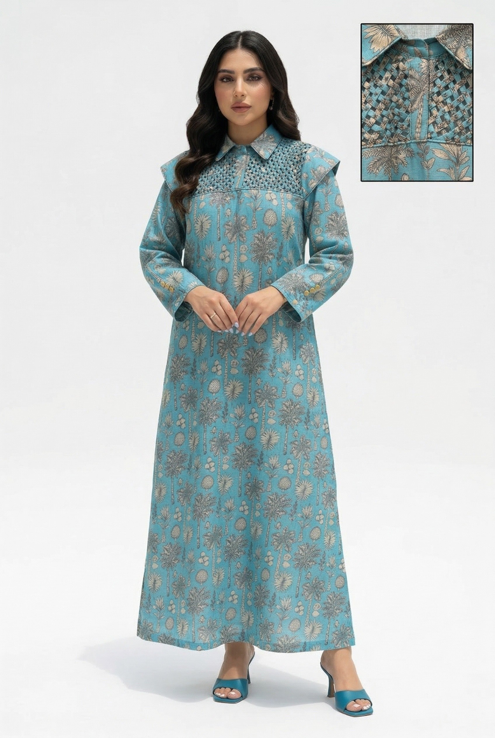Lajalah — L175 — Teal Seashell Print Linen Jalabiya with Embroidery