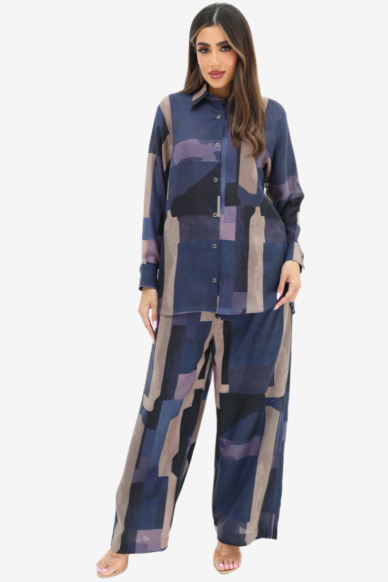 Abstract Block Print Linen Blend Three-Piece Set