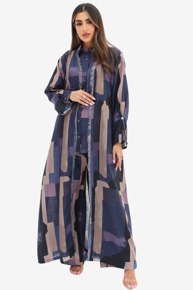 Abstract Block Print Linen Blend Three-Piece Set