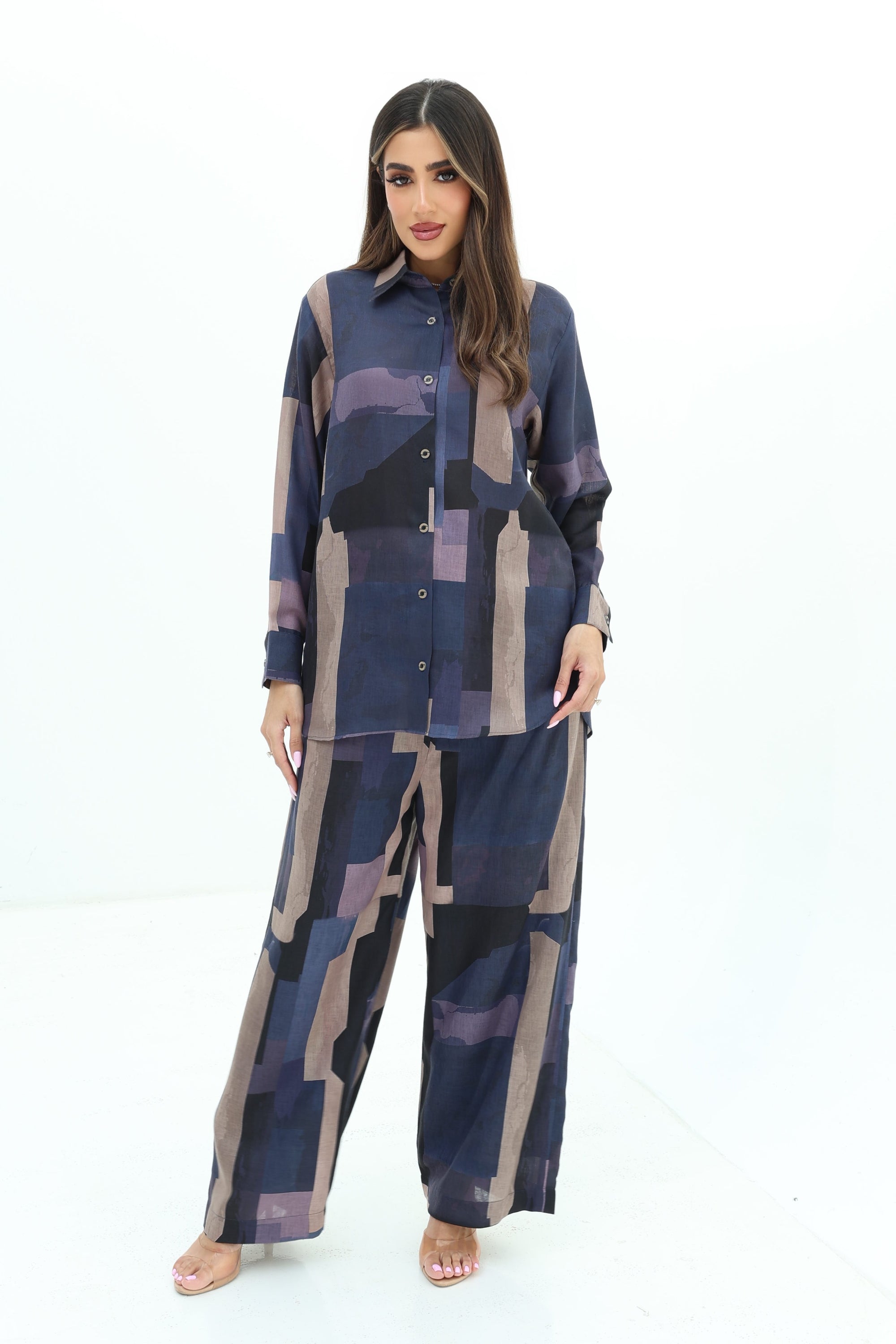 Front view of Abstract Block Print Linen Blend Shirt and Trouser Set by Gharza Couture