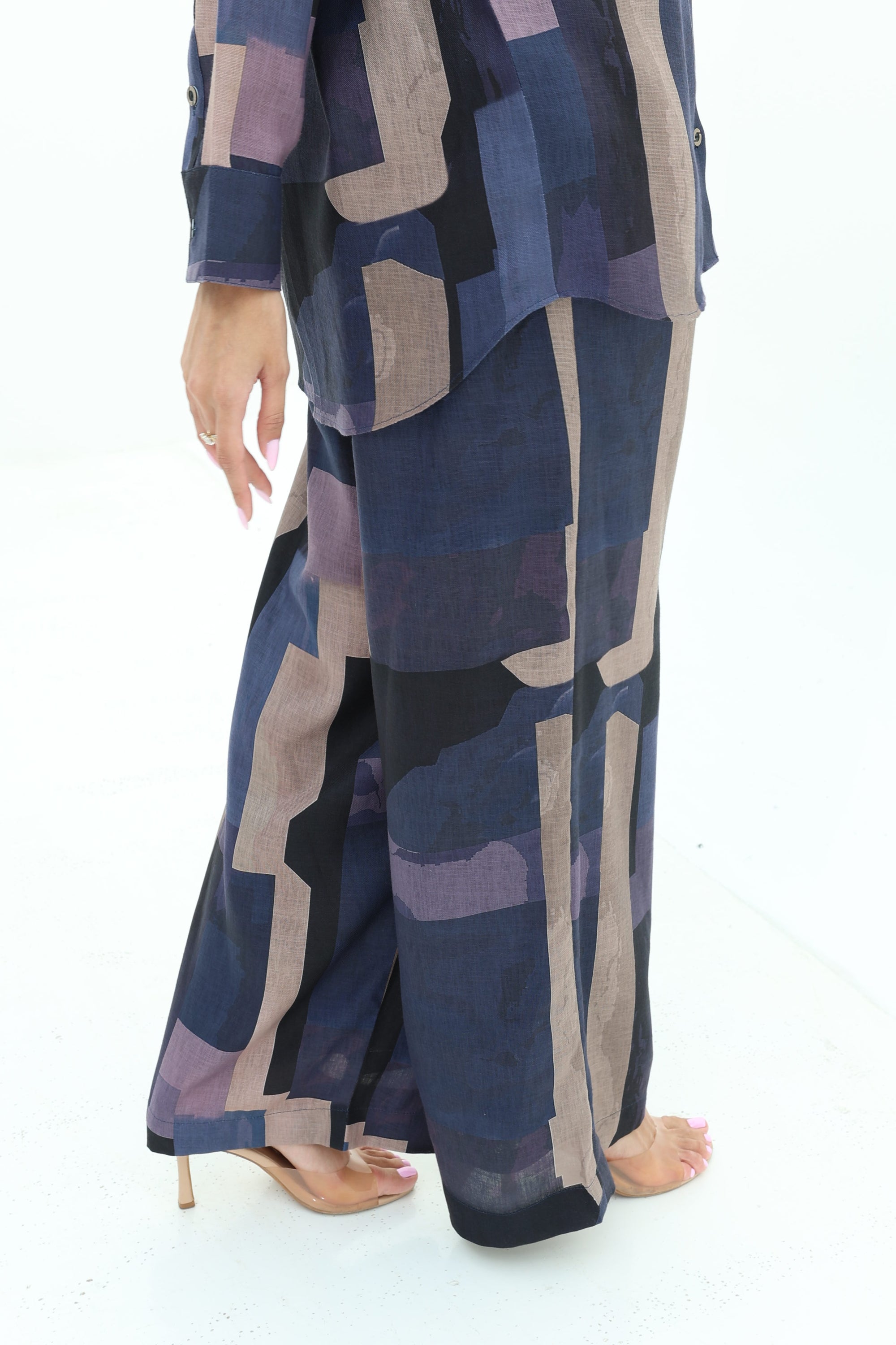 Close-up of Abstract Block Print Linen Blend Wide-Leg Trousers by Gharza Couture