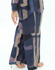 Close-up of Abstract Block Print Linen Blend Wide-Leg Trousers by Gharza Couture