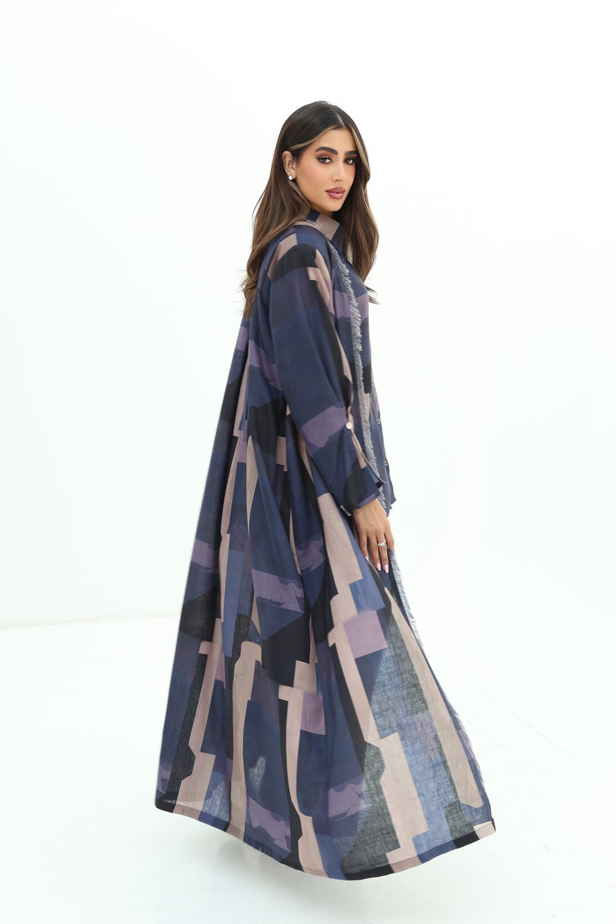 Side view of Abstract Block Print Linen Blend Open Abaya by Gharza Couture