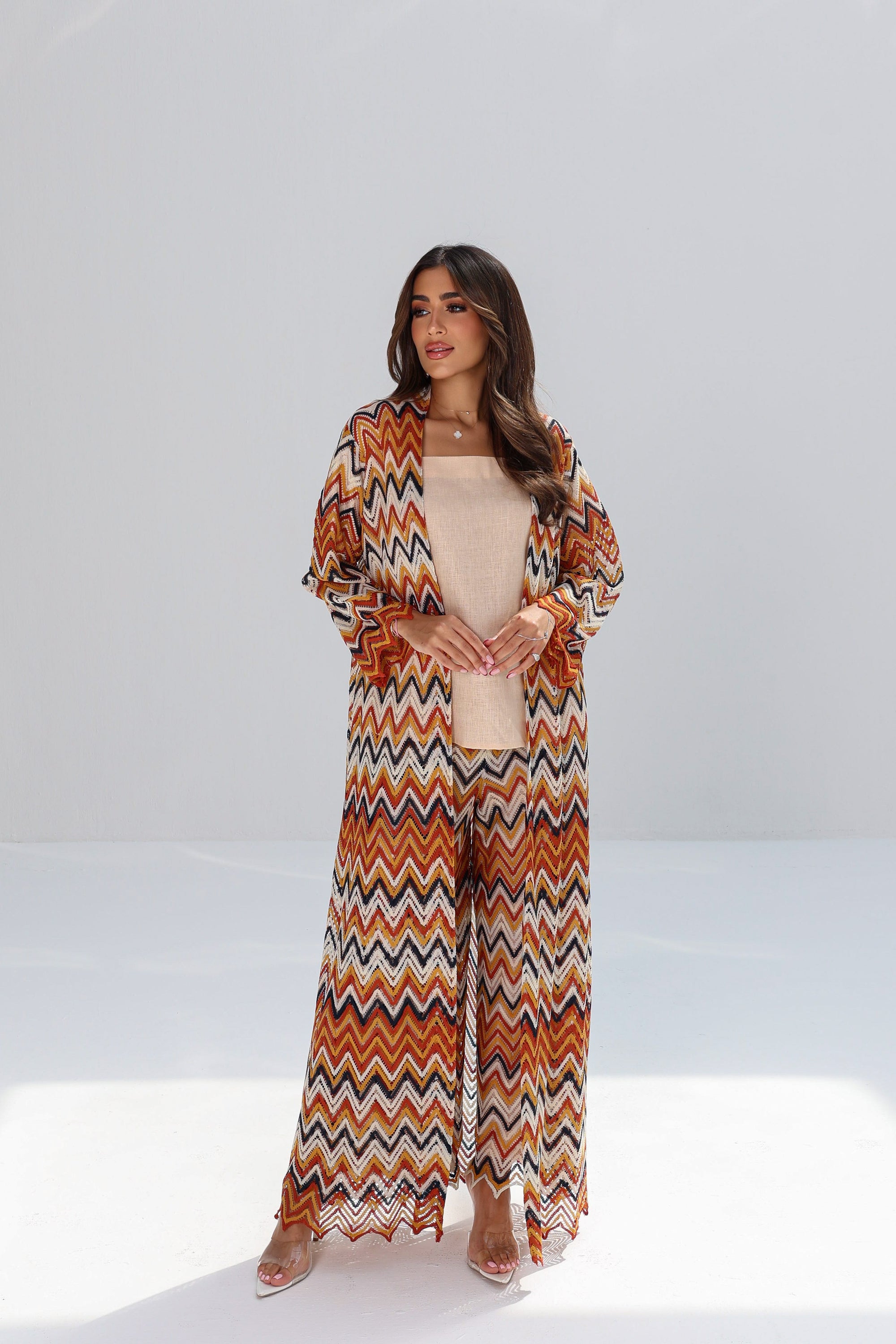 Full-length Amber Chevron Linen Blend Set with long outer layer and matching trousers