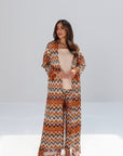 Full-length Amber Chevron Linen Blend Set with long outer layer and matching trousers