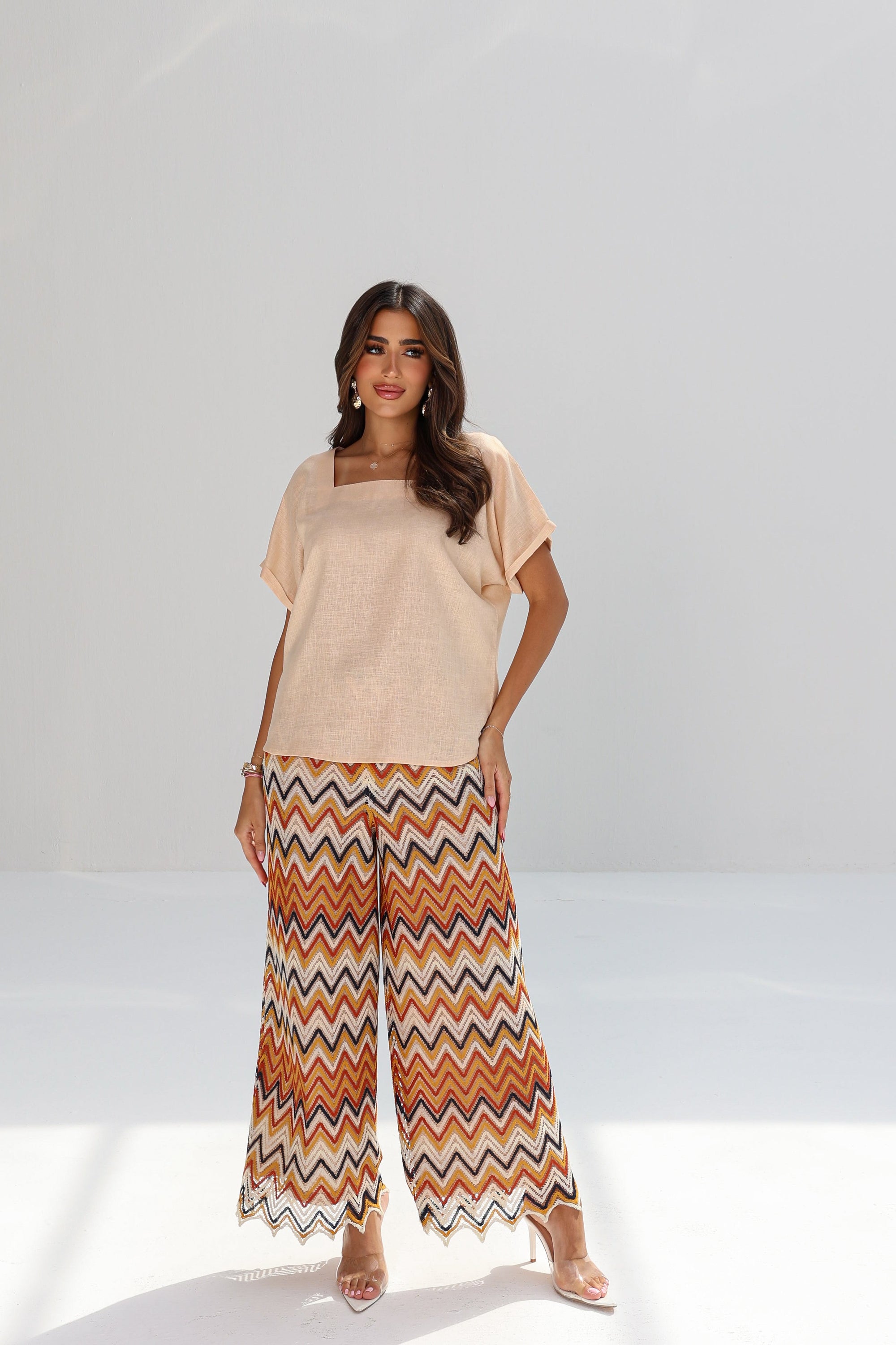 Amber Chevron Linen Blend Set styled without outer layer showing top and printed trousers