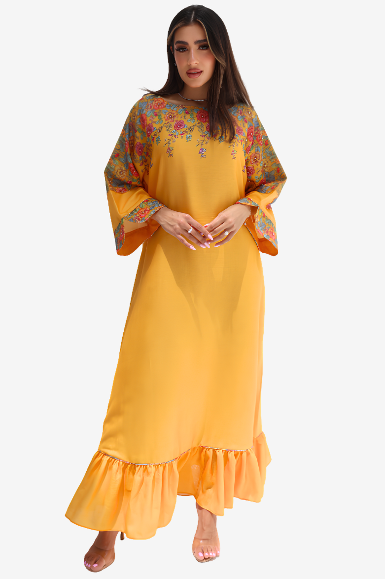 Amber Garden Scatter Embellished Linen Blend Dress with floral shoulder embellishments