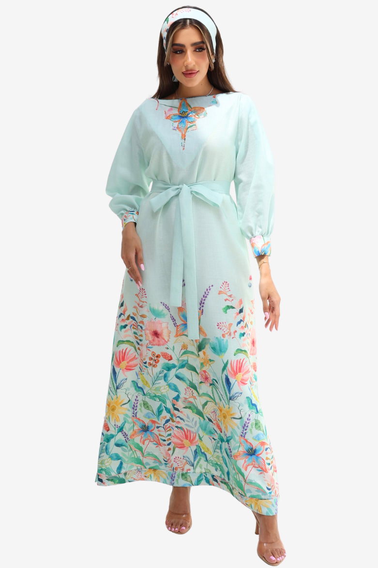 Aqua Bloom Hand Embellished Linen Blend Dress featuring handcrafted embellished neckline and watercolor botanical print