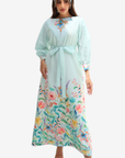 Aqua Bloom Hand Embellished Linen Blend Dress featuring handcrafted embellished neckline and watercolor botanical print