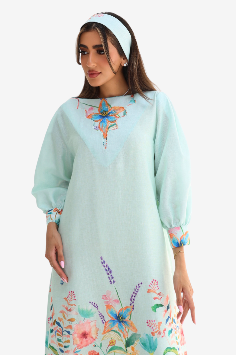Aqua Bloom Hand Embellished Linen Blend Dress handcrafted embellished neckline detail
