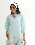 Aqua Bloom Hand Embellished Linen Blend Dress sleeve cuff detail with matching botanical print