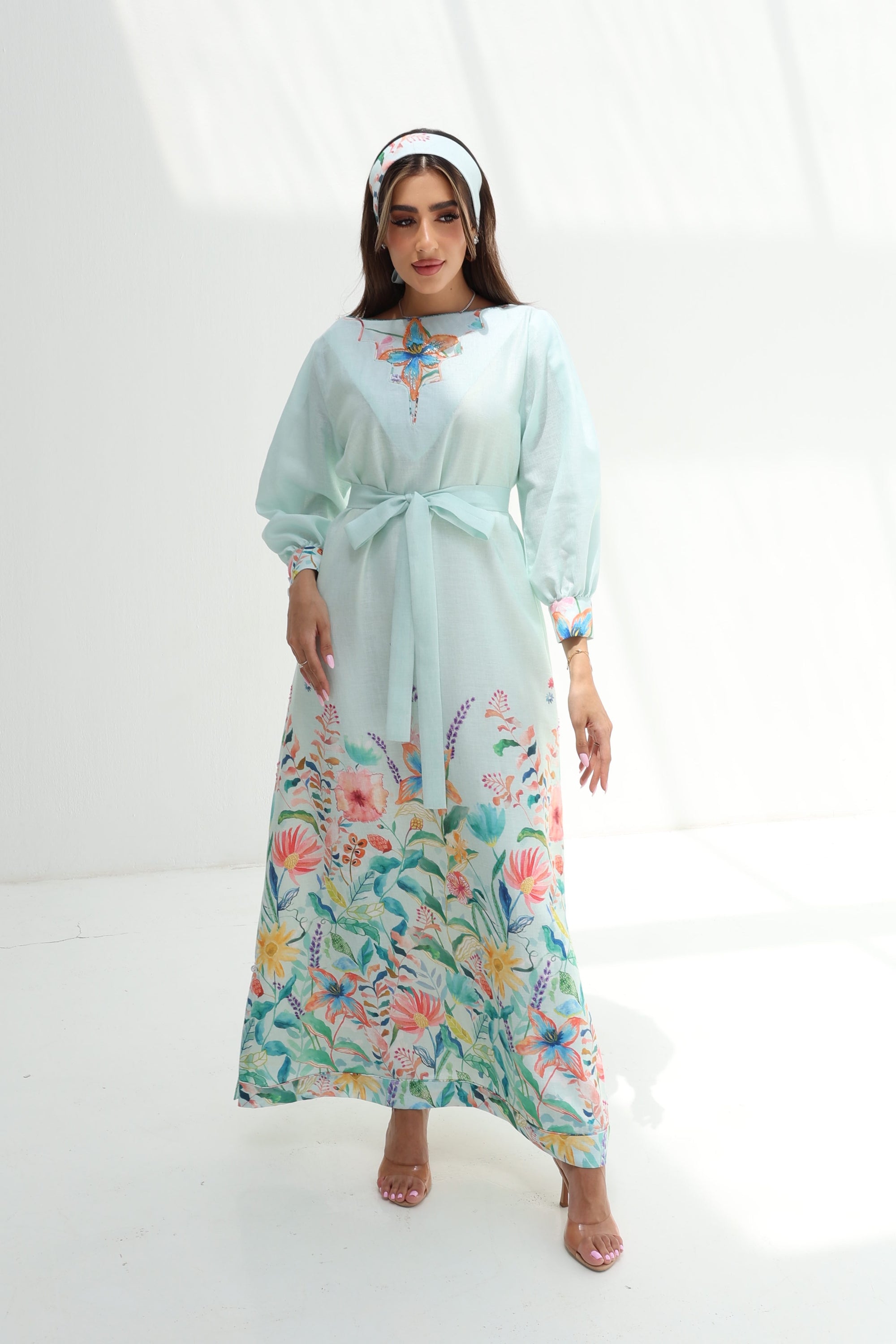Aqua Bloom Hand Embellished Linen Blend Dress elegant modest silhouette with flowing skirt