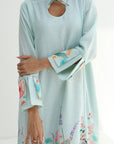 Aqua Bloom Keyhole Neck Linen Blend Dress keyhole neckline detail