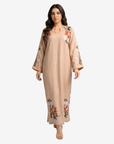 Autumn Blossom Hand Embellished Linen Jalabiya in Beige by Gharza Couture front view with floral embroidery