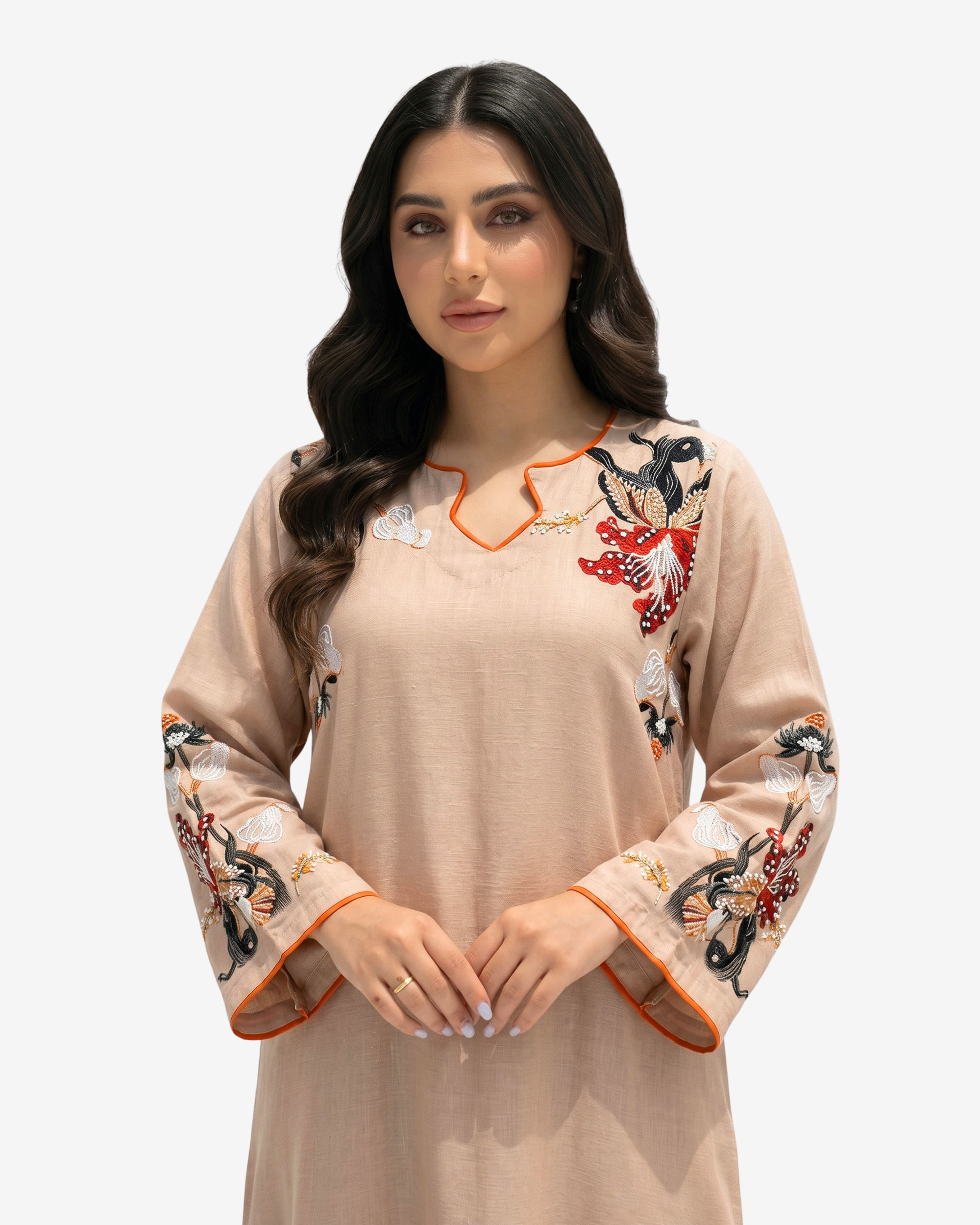 Close-up of Autumn Blossom Hand Embellished Linen Jalabiya highlighting handcrafted floral embroidery and premium linen fabric