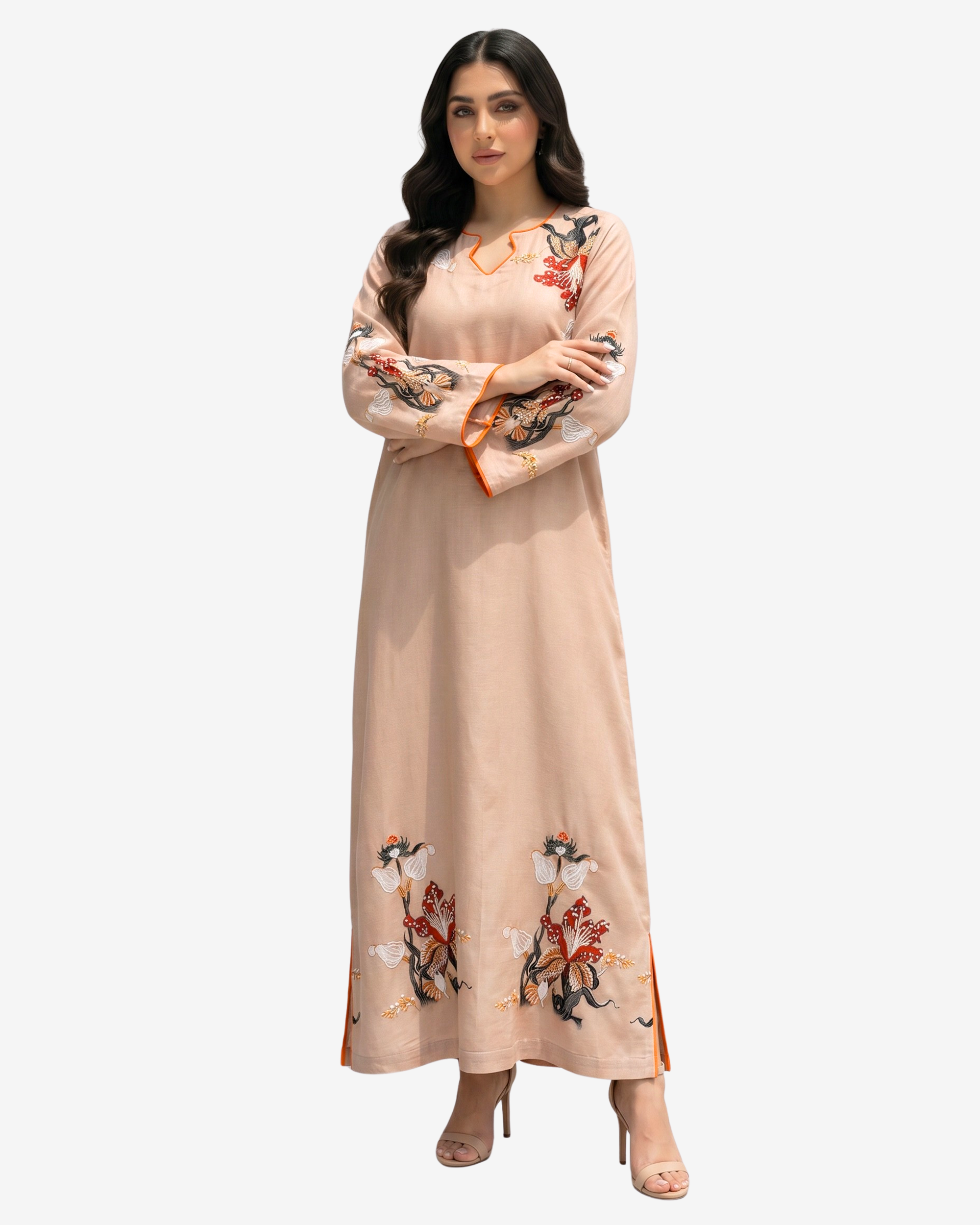 Elegant beige linen jalabiya with hand embellished floral embroidery by Gharza Couture