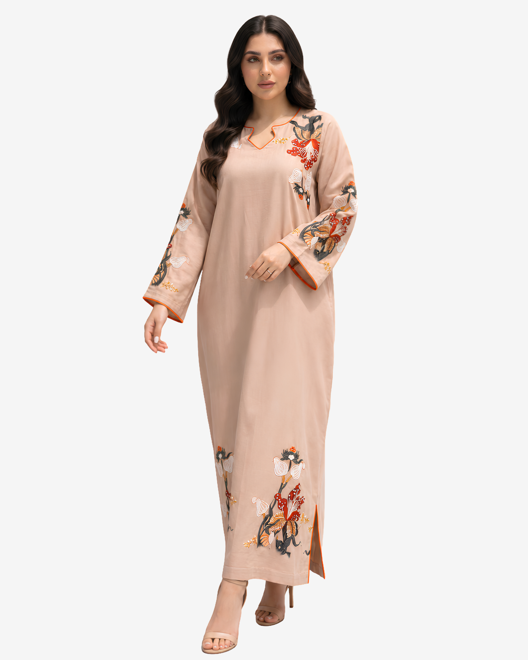 Full-length Autumn Blossom Hand Embellished Linen Jalabiya in Beige featuring handcrafted floral embroidery