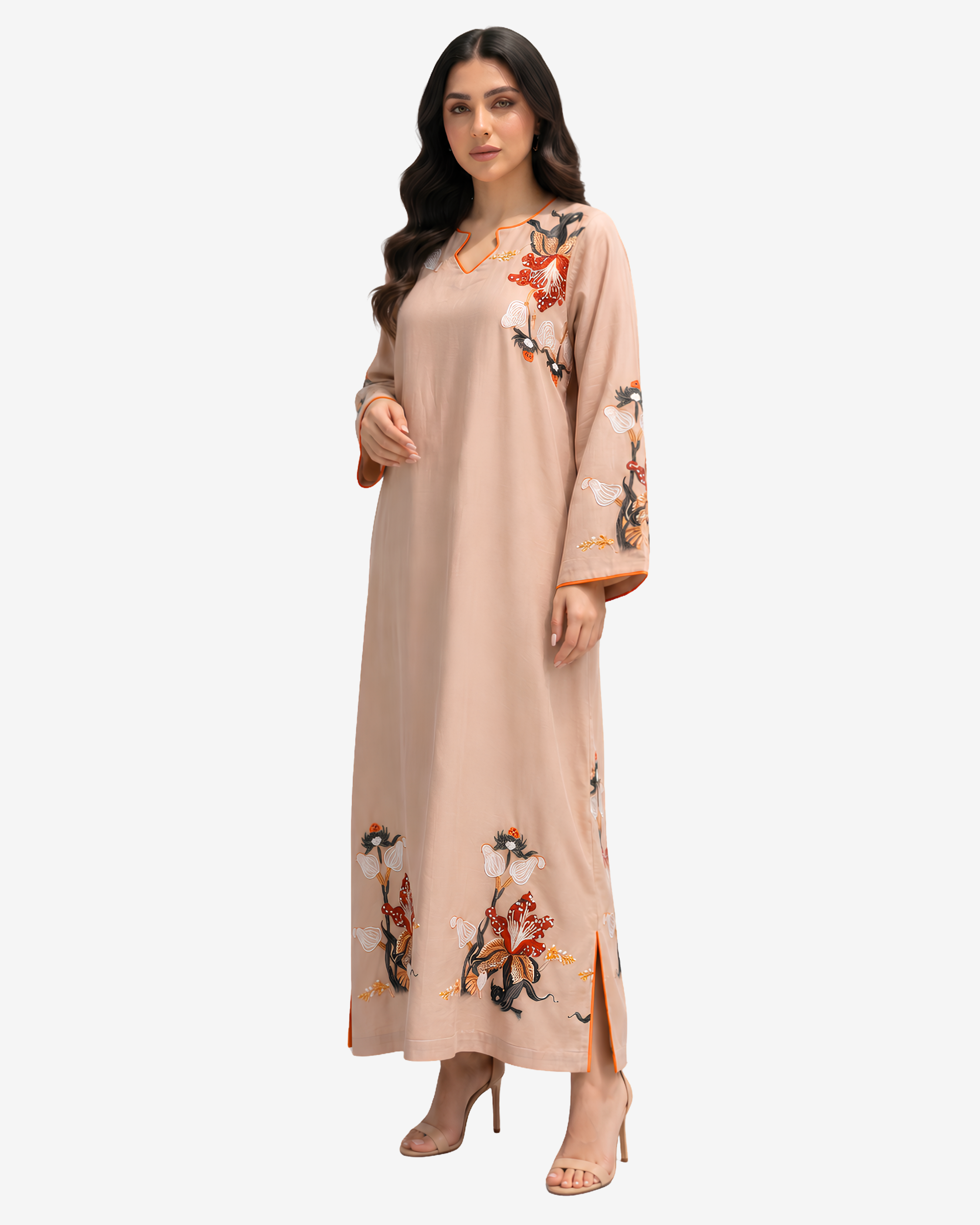 Side view of Autumn Blossom Hand Embellished Linen Jalabiya showcasing embroidered sleeve and hem details