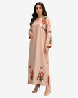 Side view of Autumn Blossom Hand Embellished Linen Jalabiya showcasing embroidered sleeve and hem details