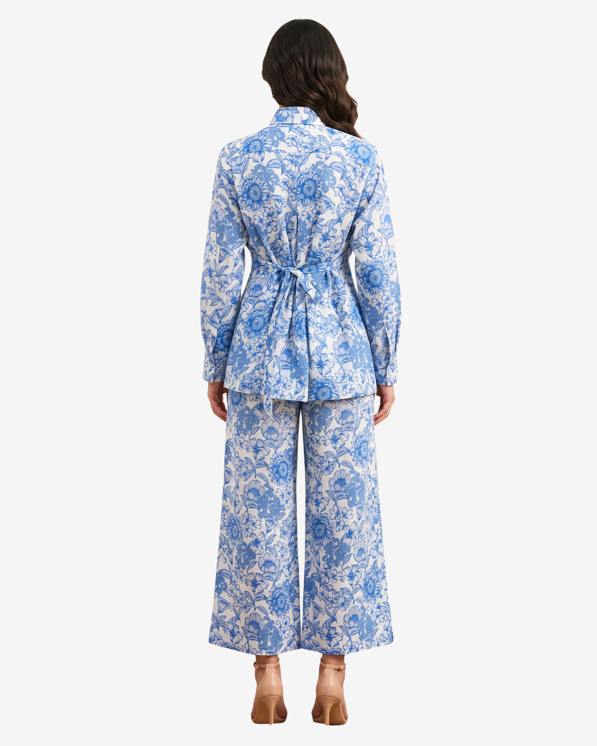 Back view of the Azure Blossom Pleated Linen Co-ord Set highlighting the adjustable back waist belt, pleated design and lined wide-leg linen trousers.