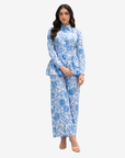 Full-length view of the Azure Blossom Pleated Linen Co-ord Set with a breathable floral linen top, elastic waist lined trousers and elegant modest silhouette.