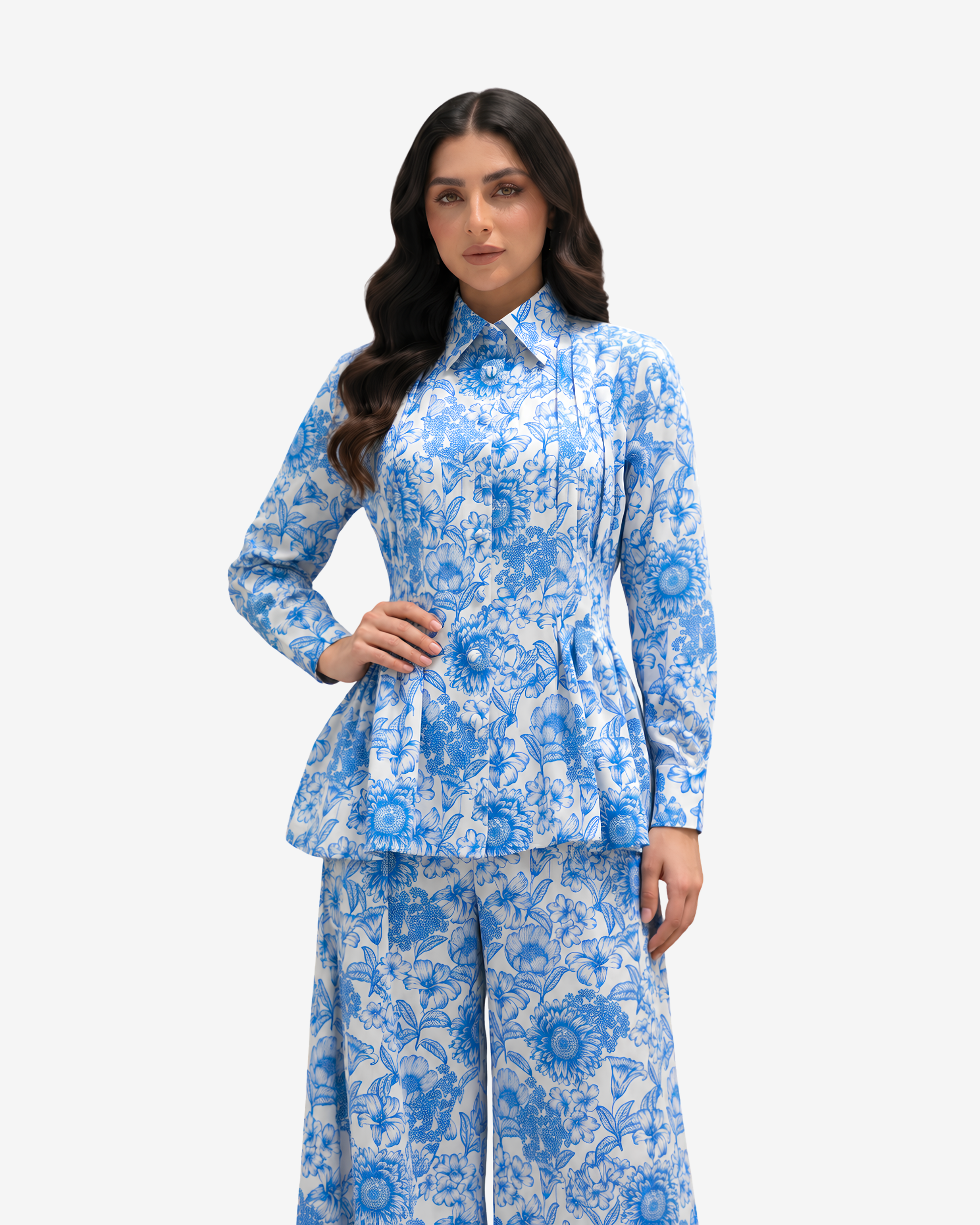 Elegant fashion pose of the Azure Blossom Pleated Linen Co-ord Set with premium breathable linen, pleated top, back waist belt and comfortable lined trousers.