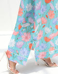 Hem detail of azure floral linen blend jalabiya with side slit