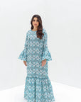 Azure Mosaic Bell Sleeve Linen Blend Dress full length front view
