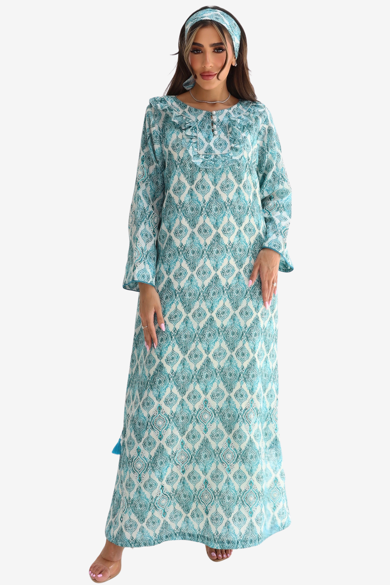 Azure Mosaic Pearl Neck Hand Embellished Linen Blend Jalabiya front view