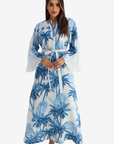 Azure Palm Pleated Sleeve Linen Blend Dress