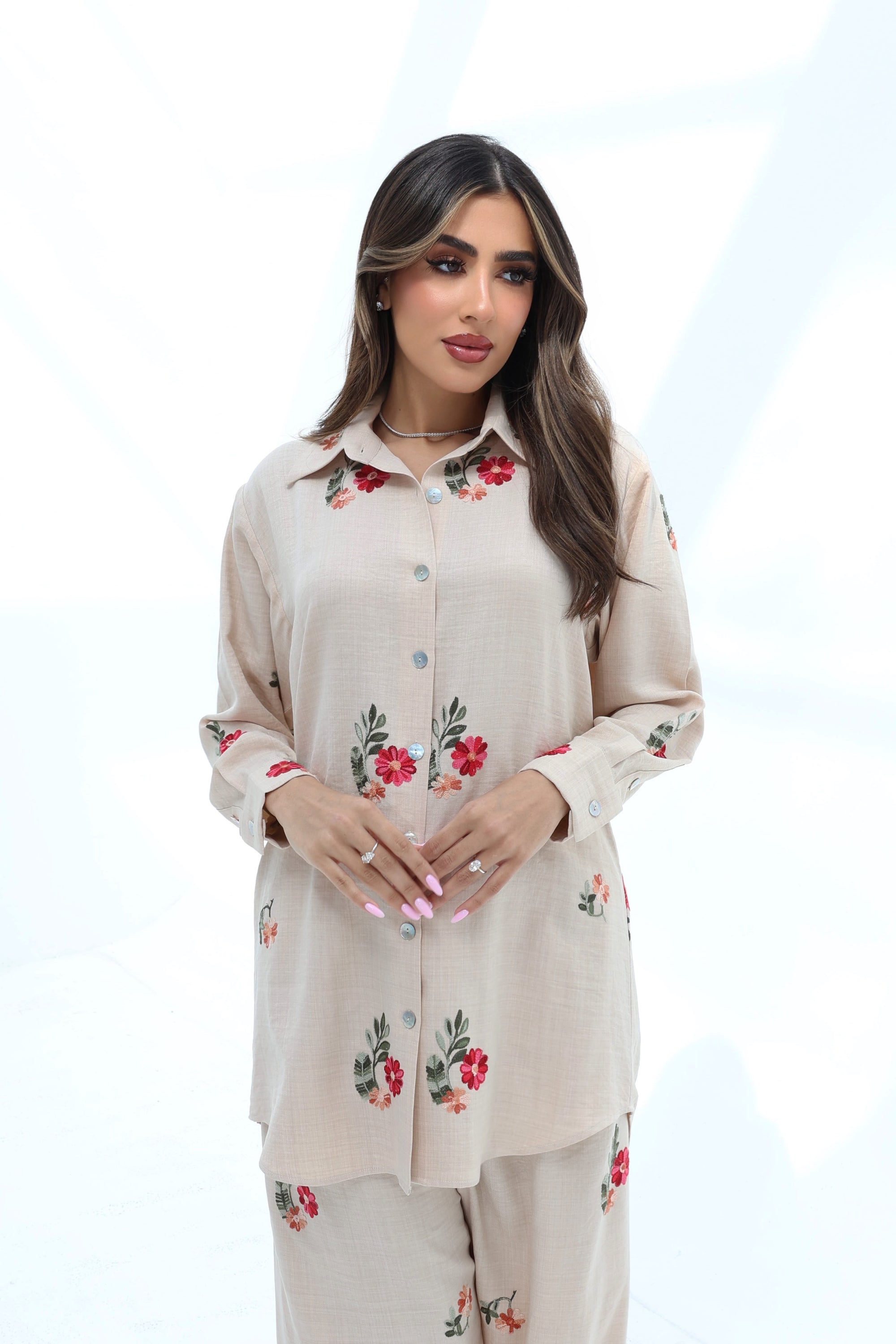 Portrait of the Beige Floral Medallion Cotton Mix Co-ord Set featuring floral medallion details, collared shirt and premium cotton mix fabric.