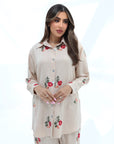 Portrait of the Beige Floral Medallion Cotton Mix Co-ord Set featuring floral medallion details, collared shirt and premium cotton mix fabric.