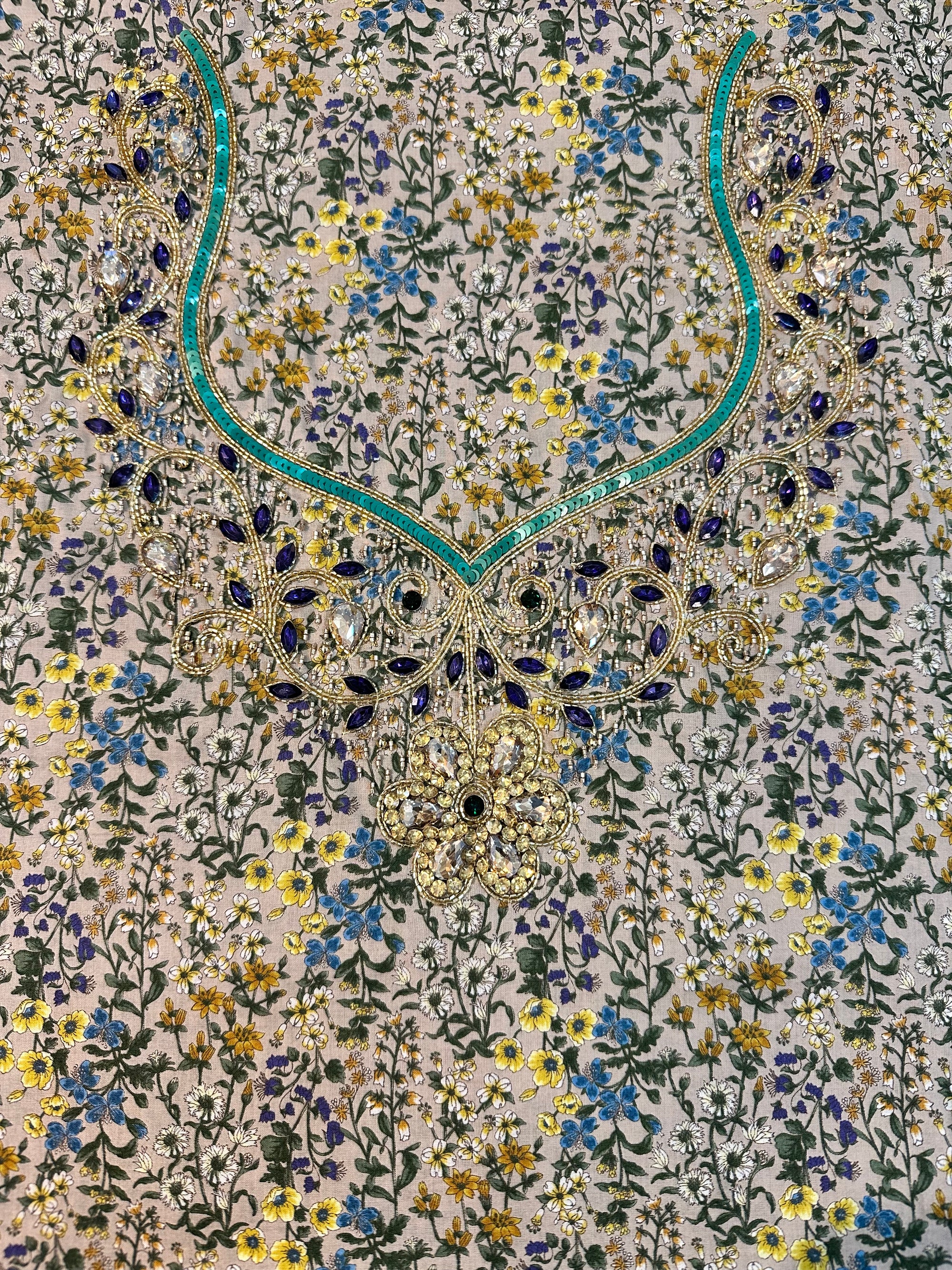 Beige Wildflower Cotton Mukhawar featuring premium Japanese printed cotton with luxurious hand-embellished neckline, unstitched fabric by Gharza Couture.