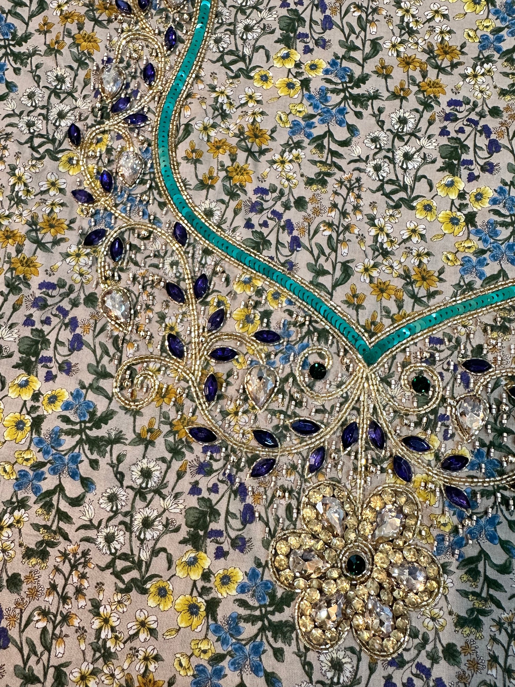Close-up of the hand-embellished neckline on the Beige Wildflower Cotton Mukhawar with crystal detailing and premium Japanese printed cotton fabric.
