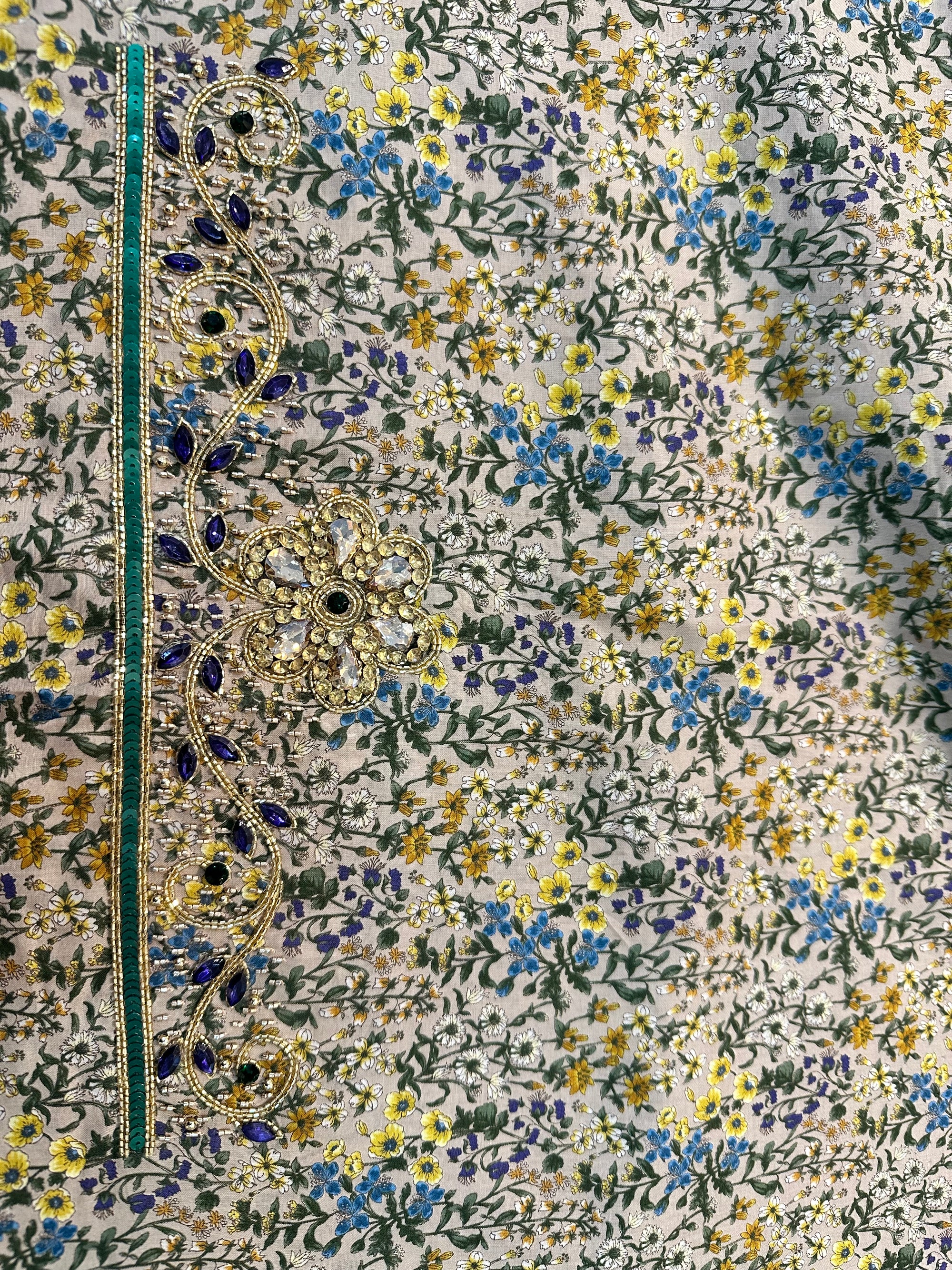 Premium Japanese printed cotton fabric showcasing the Beige Wildflower Cotton Mukhawar with delicate botanical floral print for custom tailoring.