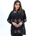 Portrait of the Black Floral Medallion Cotton Mix Co-ord Set with elegant floral medallion print, relaxed silhouette and elastic waist trousers.