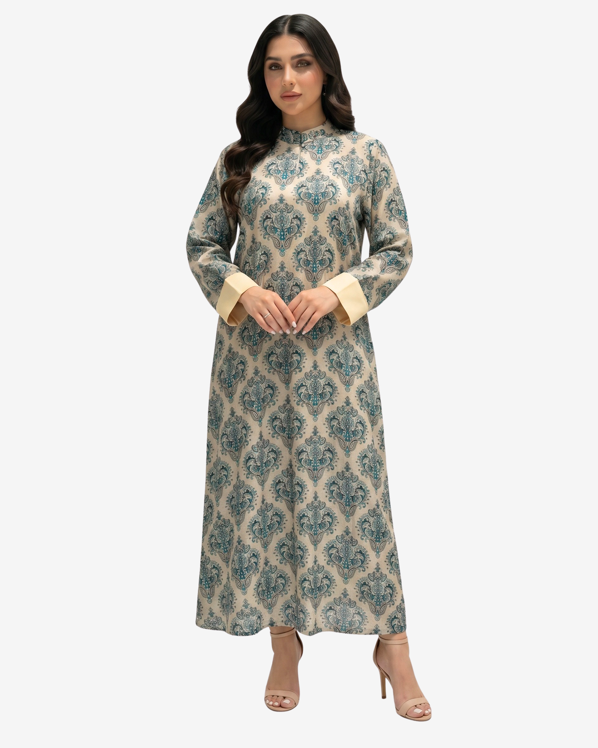 Luxury cotton chiffon modest dress by Gharza Couture featuring an elegant blue heritage print with a full-length silhouette.