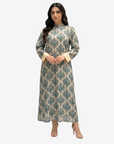 Luxury cotton chiffon modest dress by Gharza Couture featuring an elegant blue heritage print with a full-length silhouette.