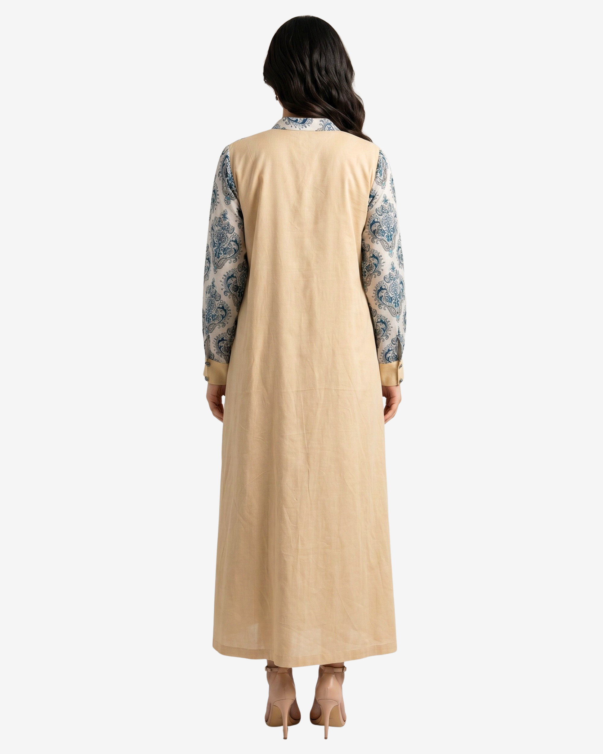 Back view of a modest cotton chiffon dress showcasing the breathable solid cotton back panel with printed sleeves.