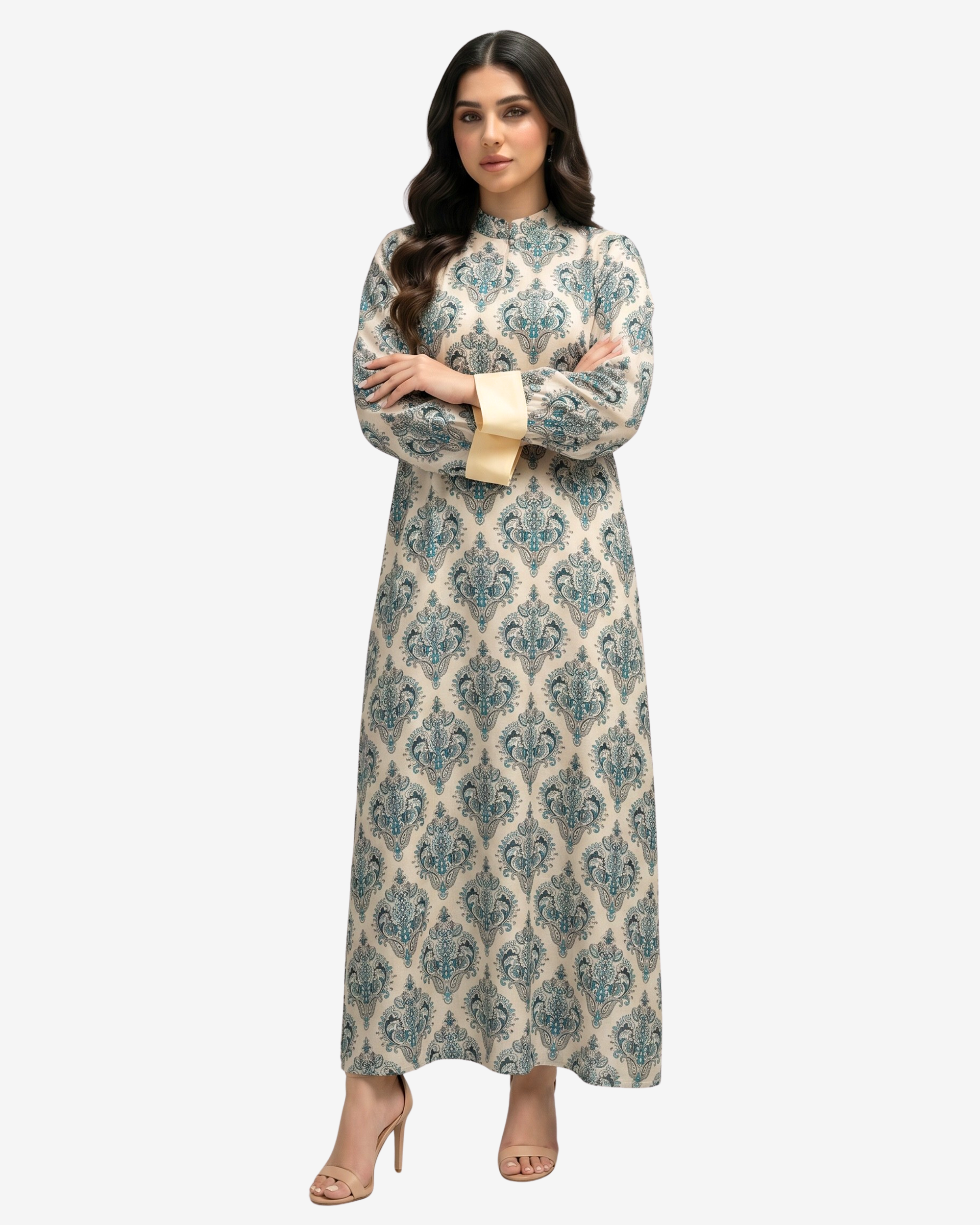 Full-length cotton chiffon dress with a classic blue heritage pattern, high neckline, long sleeves, and contrast cuffs.